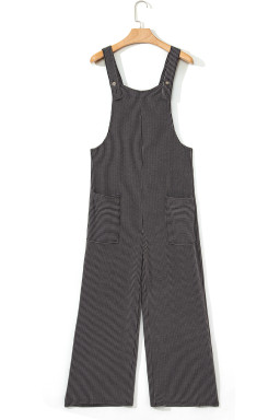 Carbon Grey Ribbed Knit Patched Pocket Wide Leg Overalls