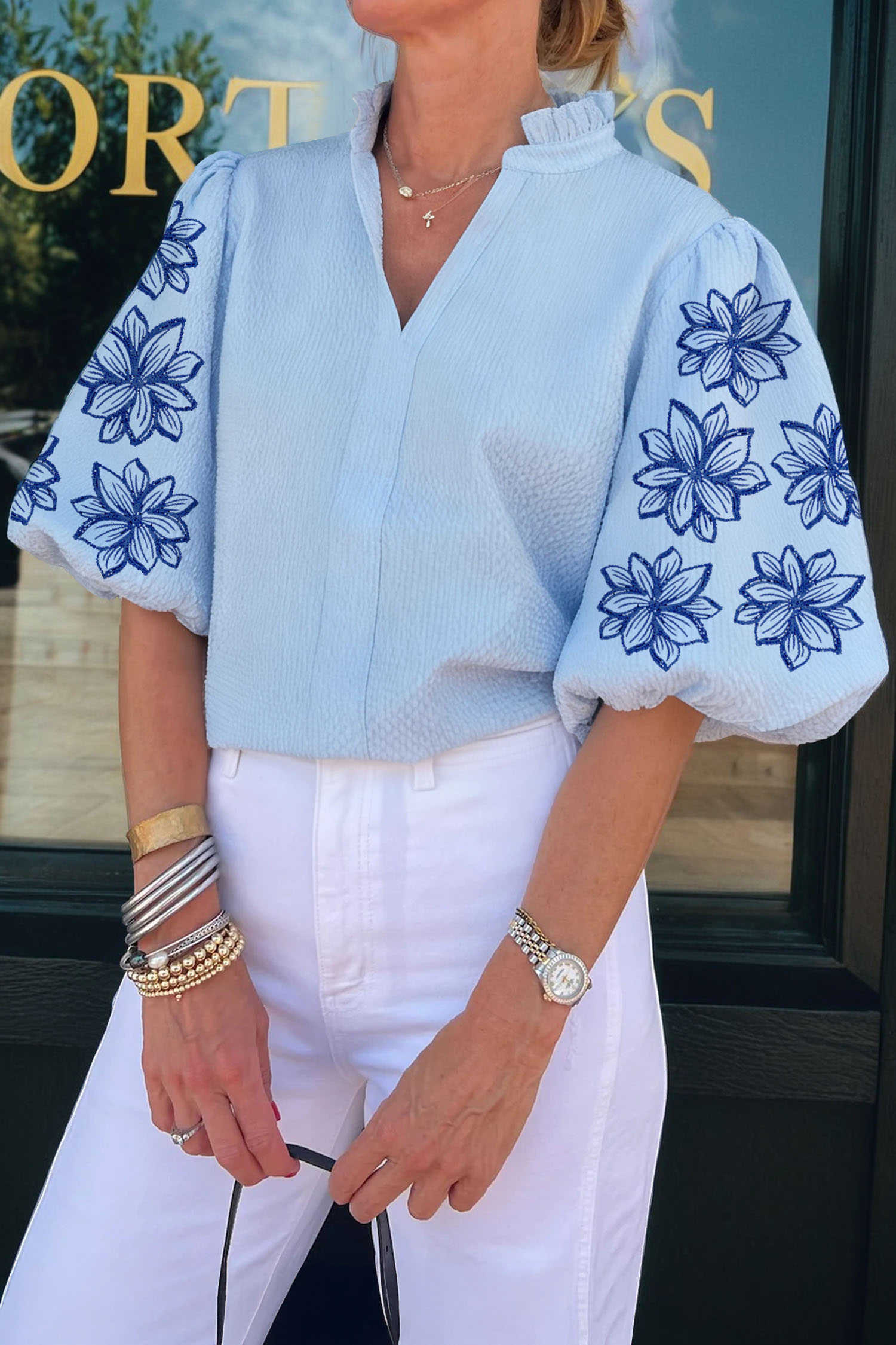 Beau Blue Flower Embroidered Puff Sleeve Split Neck Textured Blouse