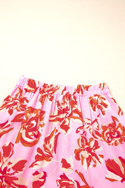 Pink Bohemian Floral Print Tiered Maxi Skirt with Split