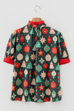 Green Christmas Fashion Print Contrast Trim Frilled Neck Short Sleeve Blouse