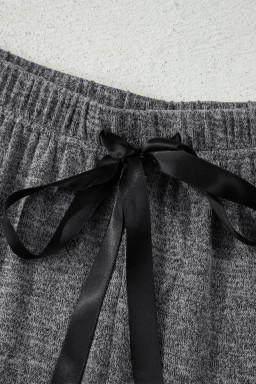 Dark Grey 3pcs V Neck T Shirt Ribbon Knot Pants Open Duster 3pcs Lounge Set