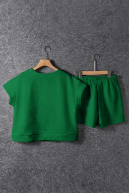 Dark Green Textured Short Sleeve Top and Shorts Set