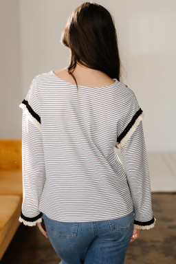 White Stripe Contrasted Ruffle Trim Loose Long Sleeve Top