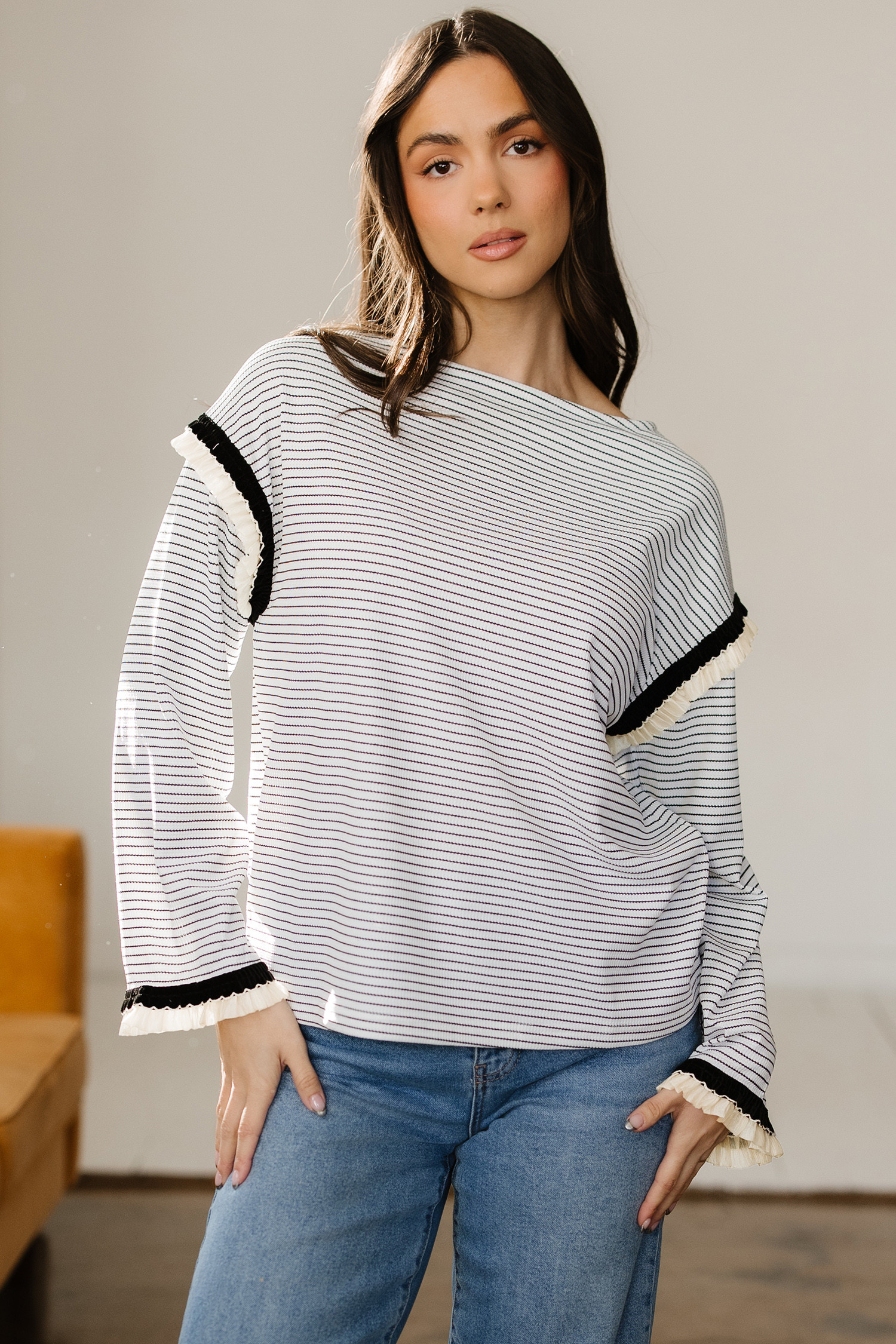 White Stripe Contrasted Ruffle Trim Loose Long Sleeve Top