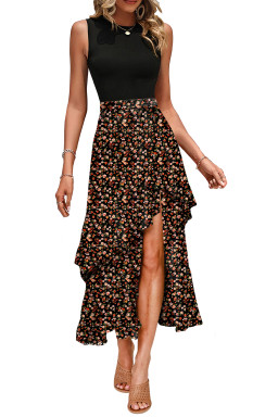 Black Floral Patchwork Asymmetric Ruffle Skirt Solid Tank Bodice Cocktail Dress