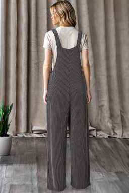 Carbon Grey Ribbed Knit Patched Pocket Wide Leg Overalls