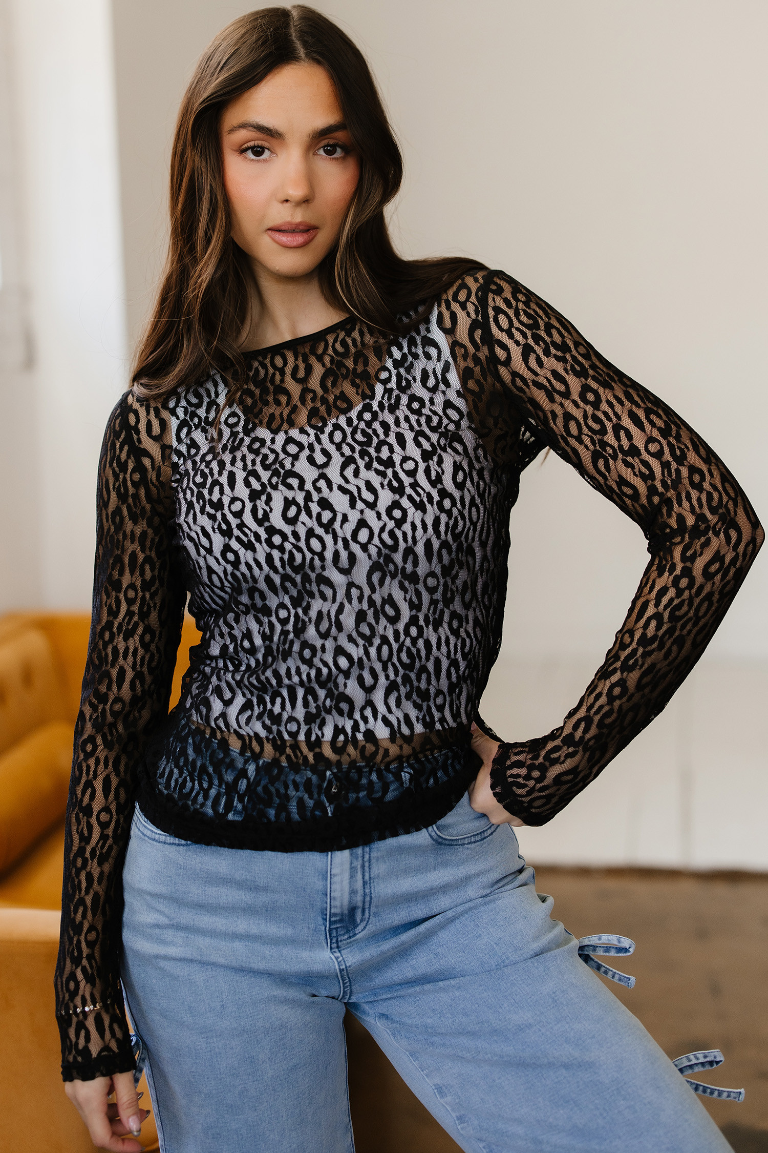 Black Leopard Pattern Sheer Mesh Long Sleeve Top