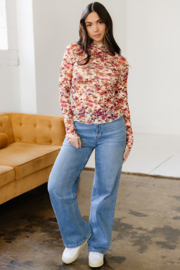 Red Lettuce Trim Floral Print Mesh Long Sleeve Top