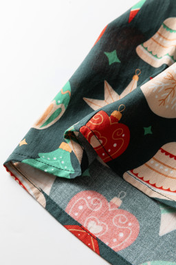 Green Christmas Fashion Print Contrast Trim Frilled Neck Short Sleeve Blouse