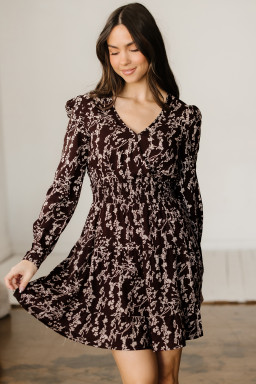 Brown Ditsy Floral Print Split Neck Long Sleeve Shirred Waist Flared Mini Dress