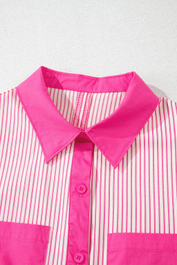 Rose Stripe Color Block Patchwork Shirt Collar Button Down Puff Sleeve Mini Dress