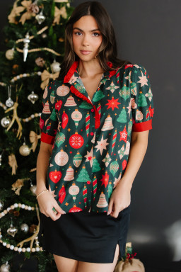 Green Christmas Fashion Print Contrast Trim Frilled Neck Short Sleeve Blouse