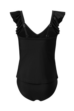 Black Solid Color Ruffle Detail Crossed Cutout Slim Tankini 2pcs Swimsuit