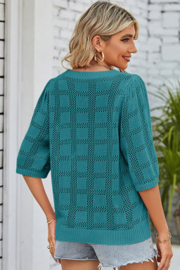 Skobeloff Plaid Pattern Crochet Knit Short Sleeve Sweater