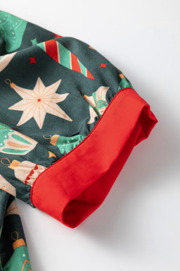 Green Christmas Fashion Print Contrast Trim Frilled Neck Short Sleeve Blouse