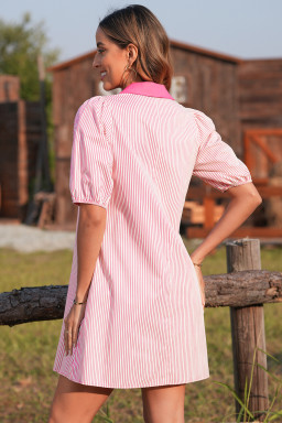 Rose Stripe Color Block Patchwork Shirt Collar Button Down Puff Sleeve Mini Dress