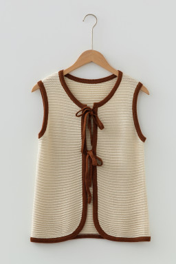 White Horizontal Ribbed Knit Contrast Trim Ties Front Sweater Vest
