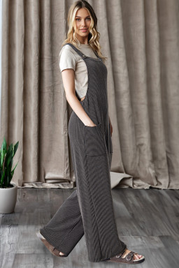Carbon Grey Ribbed Knit Patched Pocket Wide Leg Overalls
