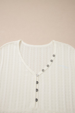 White Solid Color Textured Button V Neck Raw Seam Henley Tee
