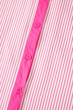 Rose Stripe Color Block Patchwork Shirt Collar Button Down Puff Sleeve Mini Dress