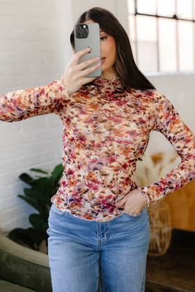 Red Lettuce Trim Floral Print Mesh Long Sleeve Top