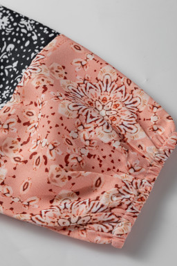 White Floral Patchwork Textured Knit Drawstring V Neck Blouse