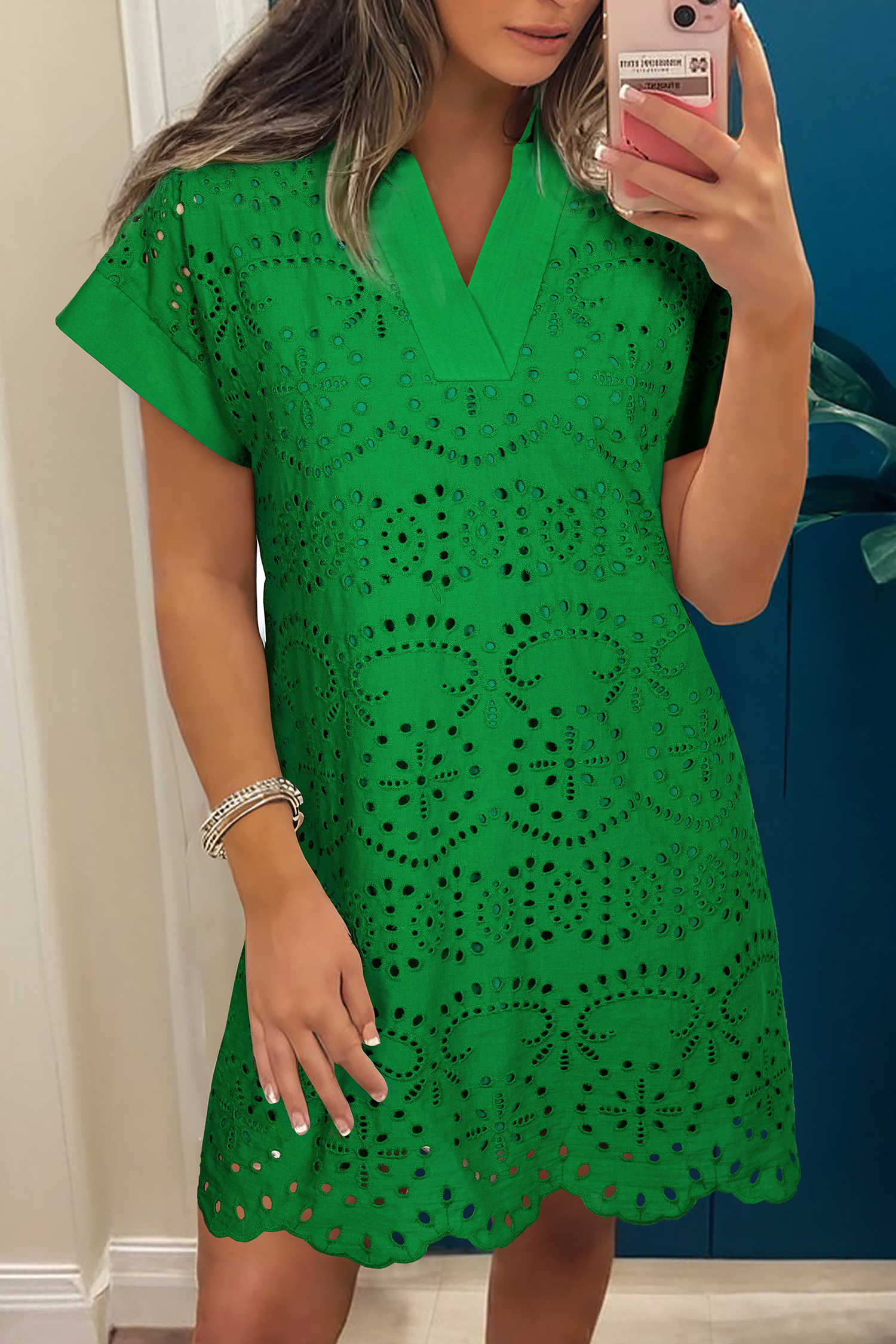 Green Solid Color Eyelet Embroidered T Shirt Mini Dress