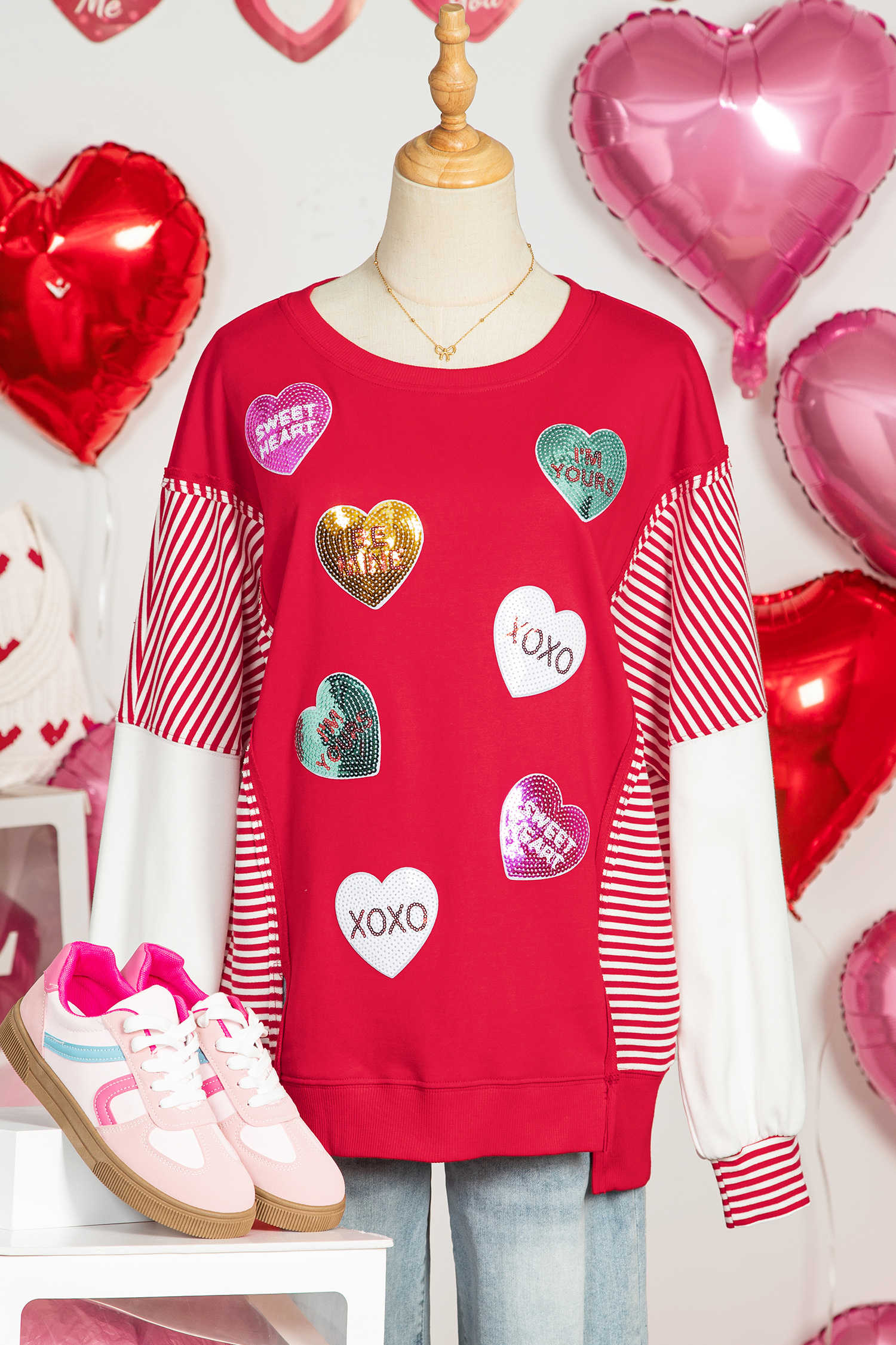 Fiery Red Valentines Day Slogan Sequin Heart Graphic Striped Color Block Patchwork Sweatshirt