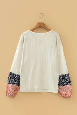 White Floral Patchwork Textured Knit Drawstring V Neck Blouse