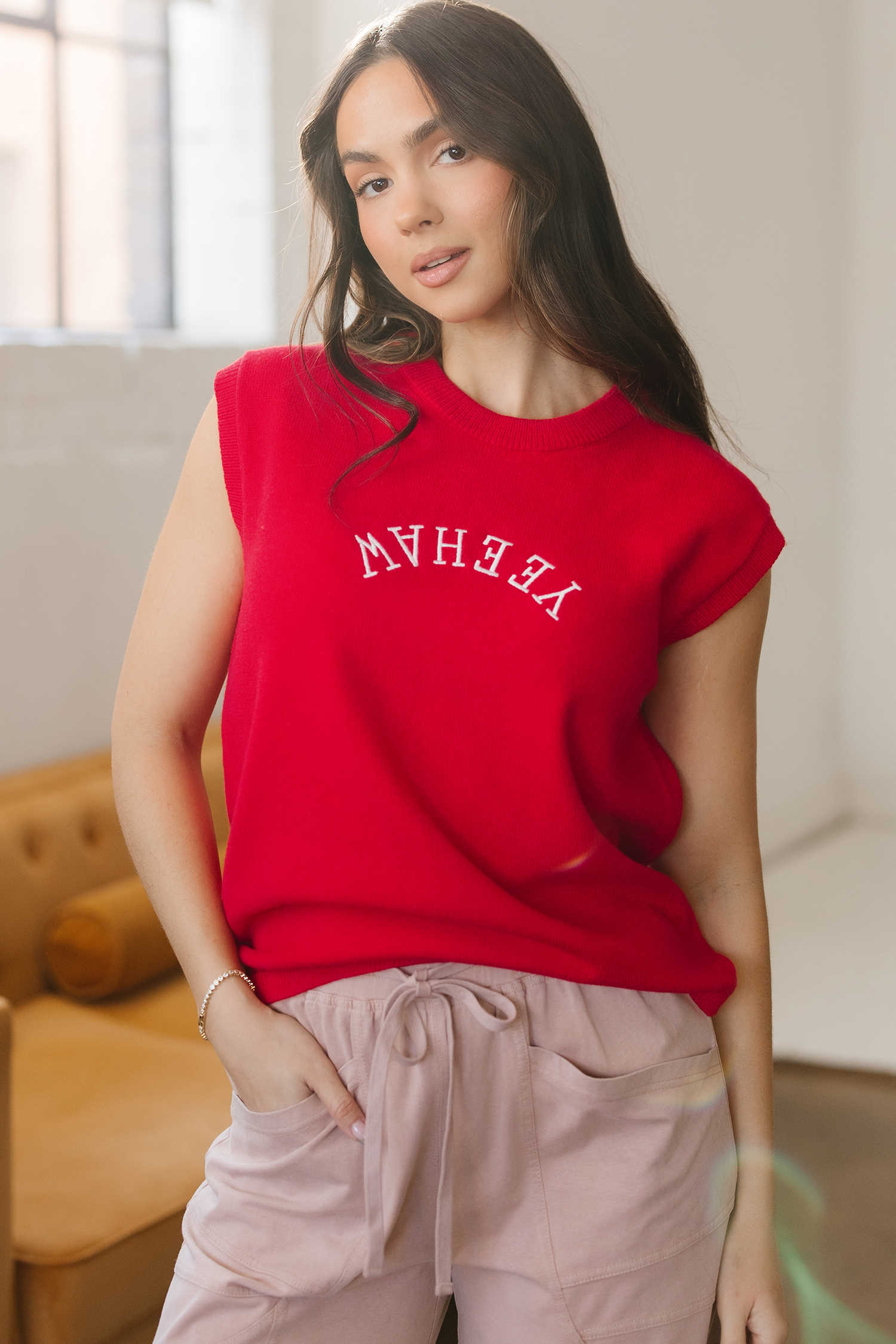 Fiery Red YEEHAW Embroidered Letter Loose Short Sleeve Sweater