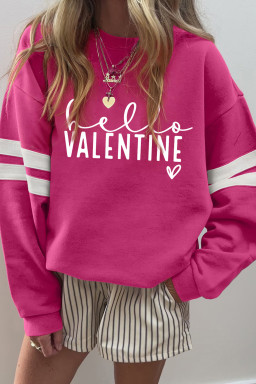 Rose Red Hello Valentine Varsity Striped Sleeve Baggy Sweatshirt