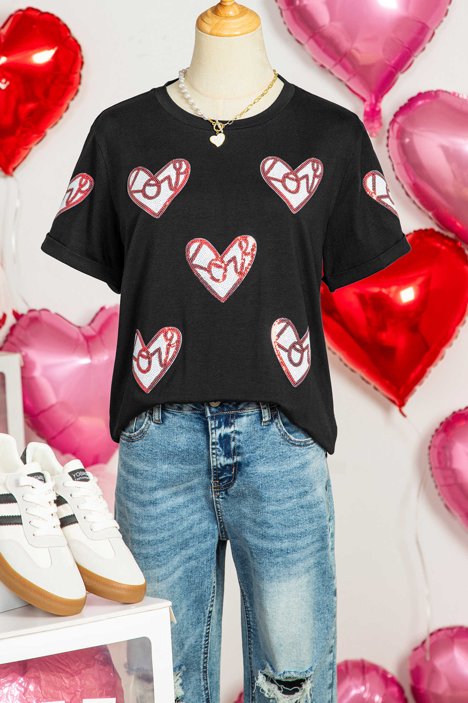 Black Sequin Heart Patched Valentines Day Fashion Graphic Tee