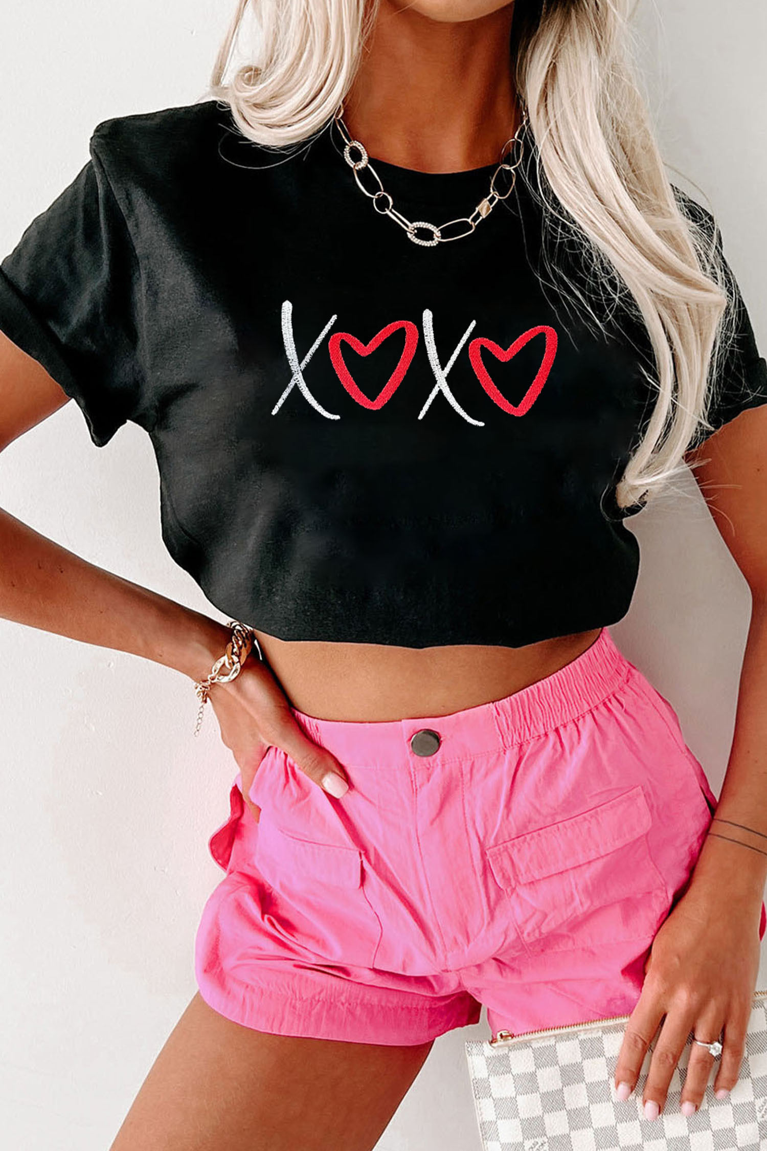 Black XOXO Valentines Heart Embroidered Casual Graphic Tee