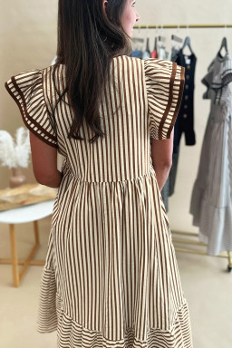 Brown Stripe Double Ruffled Short Sleeve Contrast Trim V Neck Midi Dress