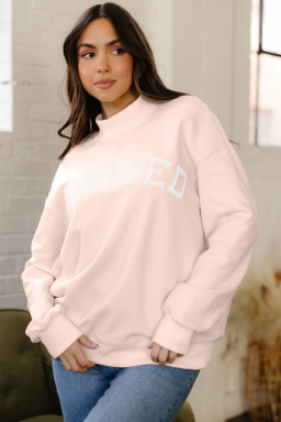 Light Pink Oversize Blessed Embroidered Mock Neck Sweatshirt