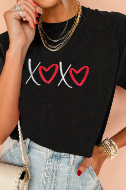 Black XOXO Valentines Heart Embroidered Casual Graphic Tee