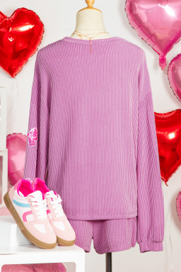 Phalaenopsis Corded Rib Sequin Bow Patched Long Sleeve Top and Shorts 2pcs Set