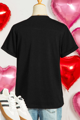 Black Valentines Bow XOXO Heart Sequin Patched Loose T Shirt