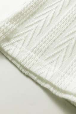 White Floral Patchwork Textured Knit Drawstring V Neck Blouse