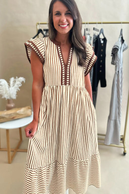 Brown Stripe Double Ruffled Short Sleeve Contrast Trim V Neck Midi Dress