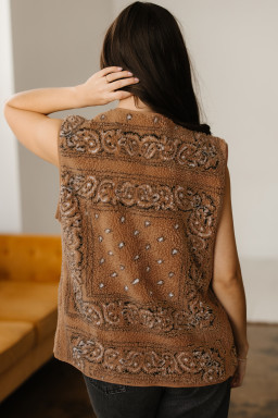 Brown Sherpa Paisley Print Pocketed Western Fashion Vest Jacket