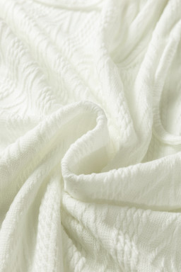 White Floral Patchwork Textured Knit Drawstring V Neck Blouse