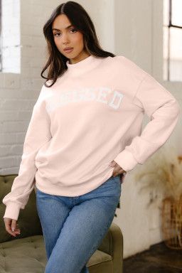 Light Pink Oversize Blessed Embroidered Mock Neck Sweatshirt
