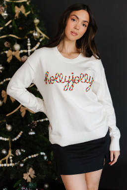 Beige Colorful Holly Jolly Christmas Knit Loose Sweater