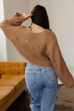 Camel Hollowed Detail Wide Sleeve Loose Pullover Sweater