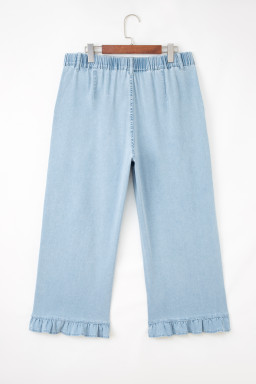 Beau Blue Plus Size Elastic Waist Ruffled Wide Leg Denim Pants