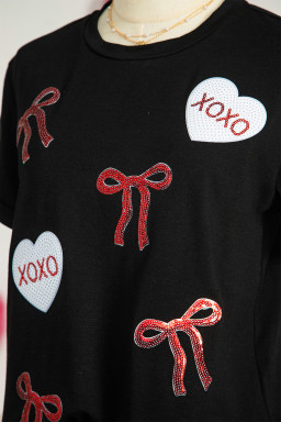 Black Valentines Bow XOXO Heart Sequin Patched Loose T Shirt