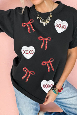 Black Valentines Bow XOXO Heart Sequin Patched Loose T Shirt