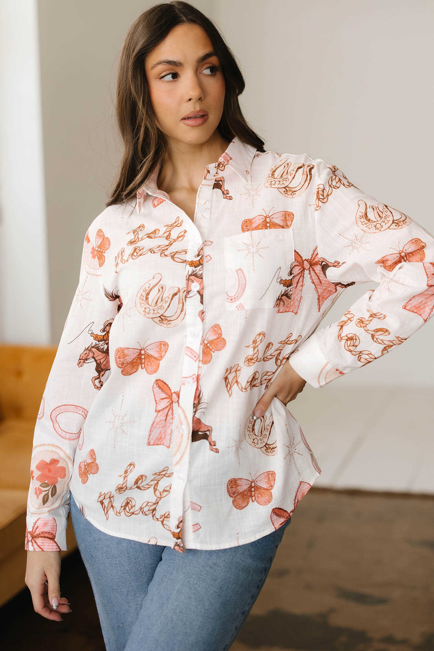 White Rodeo Cowgirl Print Western Button up Shirt