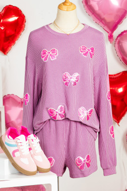 Phalaenopsis Corded Rib Sequin Bow Patched Long Sleeve Top and Shorts 2pcs Set